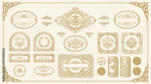 Ornate Gold Vintage Borders and Emblems Set - Decorative Design Elements