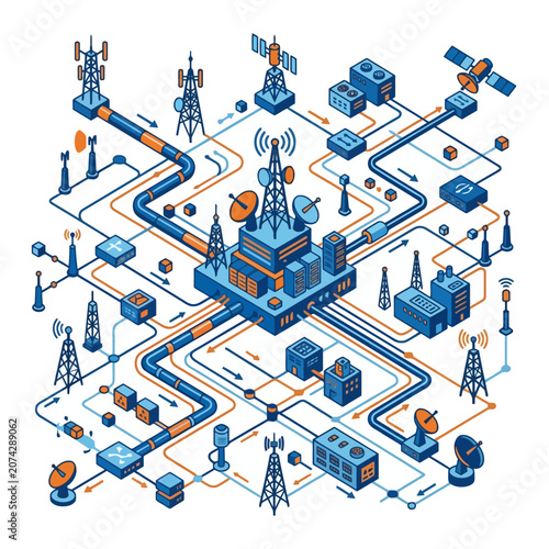 Isometric telecommunication network with towers and satellites