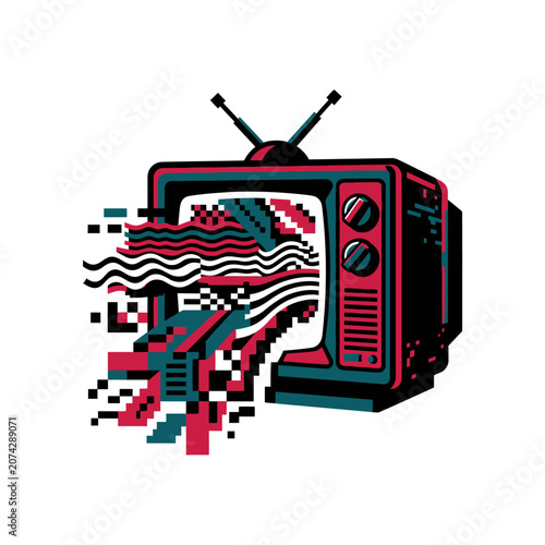 Retro television displaying a pixelated glitch effect