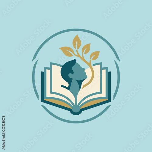 An elegant logo featuring a human profile and an open book