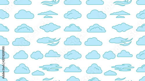 A seamless pattern of various blue clouds on white background