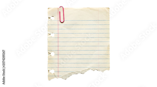Torn lined paper note with red paperclip isolated on transparent background