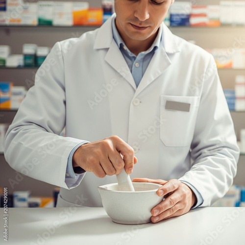 Professional pharmacist preparing medication with mortar and pestle in a modern drugstore pharmacy laboratory environment for healthcare compounding