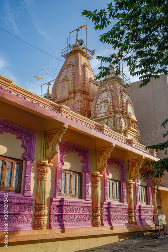 Εκτύπωση καμβά An exterior shot of a local Hindu temple in the suburban neighbourhood of Kharadi, showcasing traditional Indian temple architecture, intricate carvings and devotional details