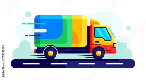 Fast delivery truck driving on the road, vector illustration