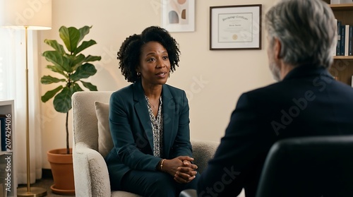 Professional woman talking during a therapy session in a modern office