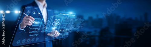 Fotografie Science researcher manipulating atoms pointing using touch pen Nanotechnology virtual screen review check list particles