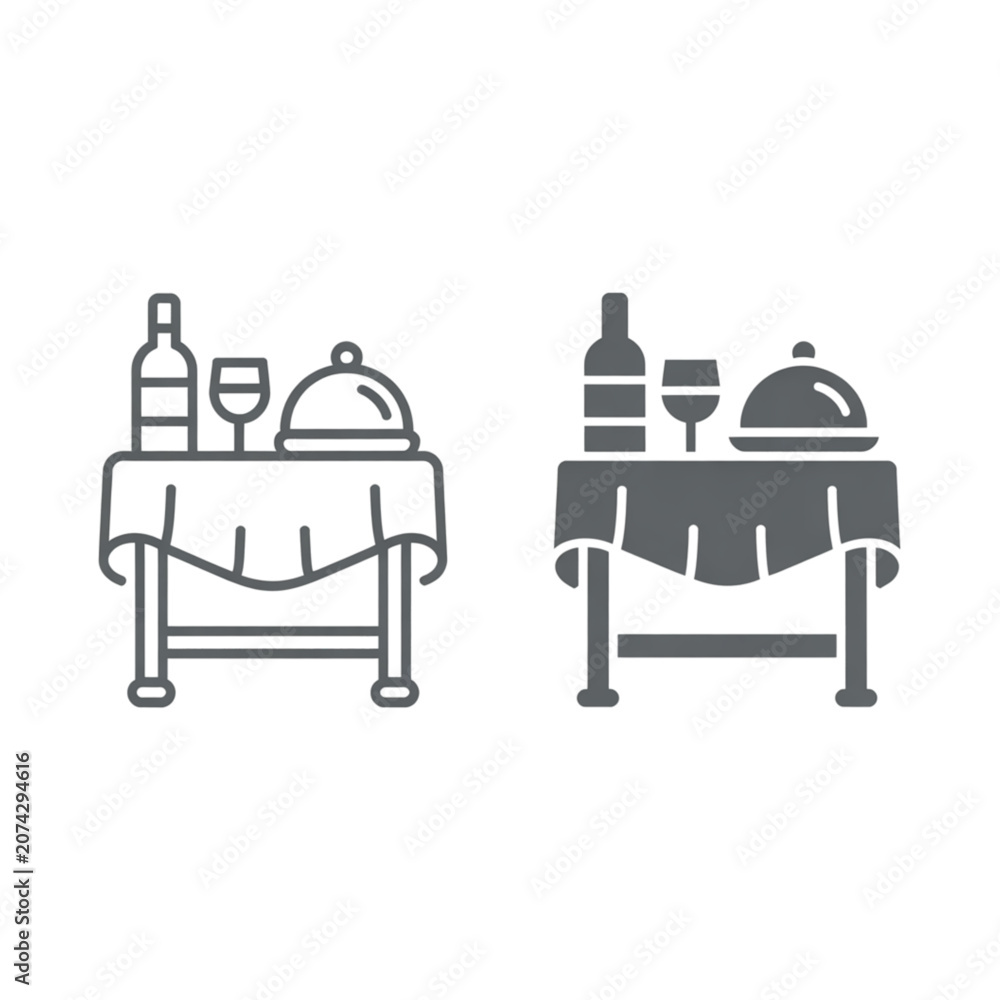 Fototapeta premium Restaurant dining table icon set with wine bottle, glass, and cloche platter in line and glyph style