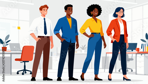 Diverse team stands confidently in modern office space