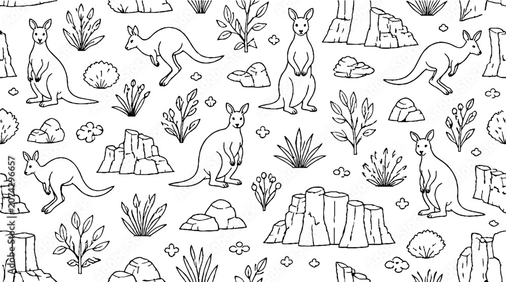 Fototapeta premium Kangaroo and Australian Outback Wildlife Illustration.