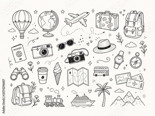Set of travel sketch icons for planning vacations and trips