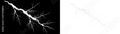 Electric lightning bolt, white on black background, dramatic energy, stormy weather effect