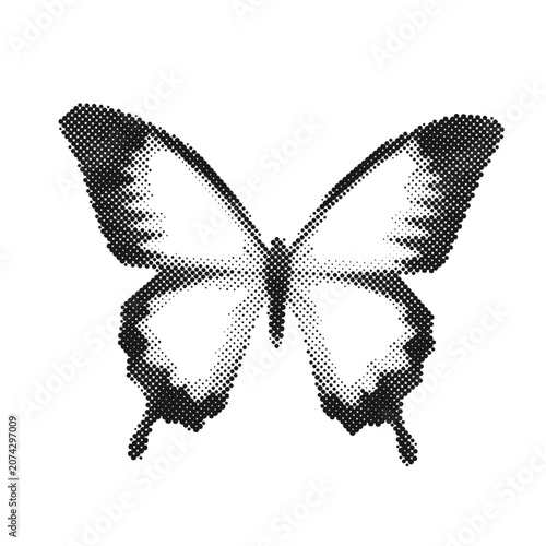 A striking black and white illustration of a butterfly, showcasing intricate dot patterns and elegant symmetry.