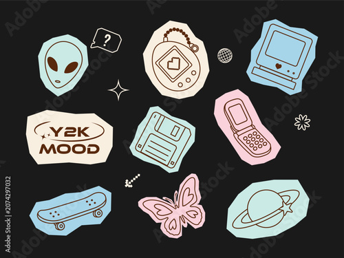 A vibrant collection of Y2K-inspired icons, featuring retro technology, whimsical designs, and playful motifs.