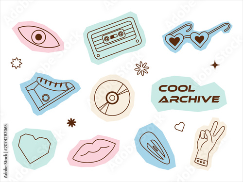 A vibrant collection of retro-themed icons including sunglasses, cassette tapes, and hearts, perfect for creative projects.