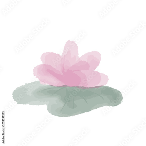 Pink Lotus Flower with Green Leaves Watercolor Illustration