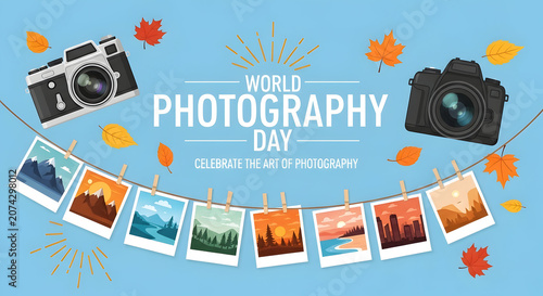 World photography day celebration banner with cameras and hanging photo prints
