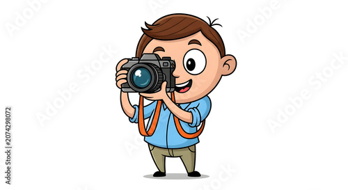 Cartoon character boy photographer holding professional digital camera