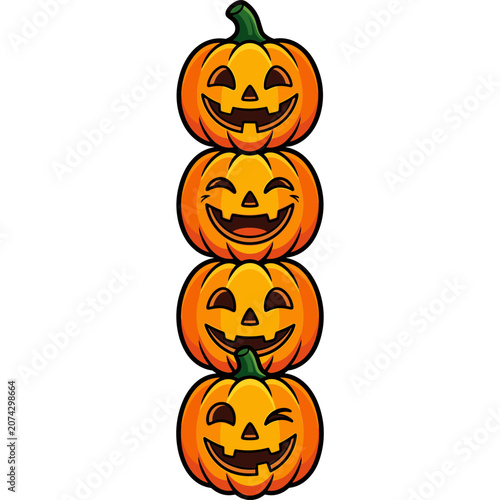 Four carved jack-o'-lanterns stacked vertically with smiling faces
