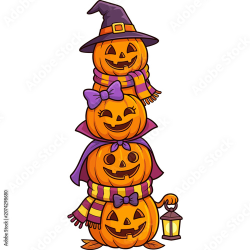 Three stacked pumpkins in costumes and hats are smiling