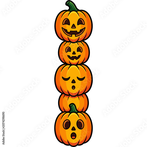 Four carved jack-o-lanterns stacked vertically with different facial expressions
