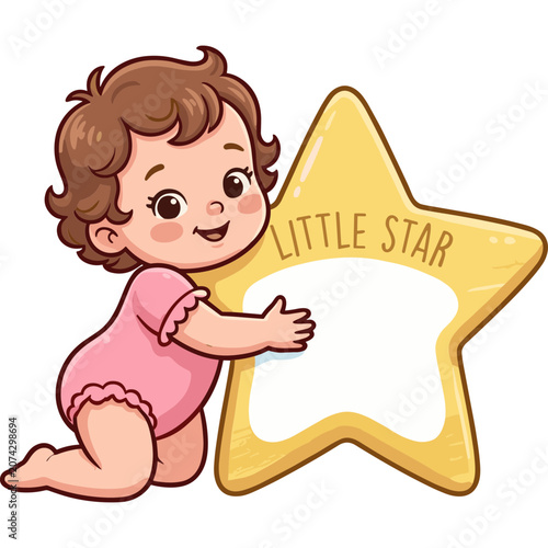 A cute baby girl kneeling beside a large yellow star sign.
