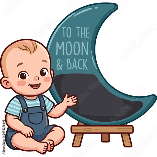 A baby sitting next to a crescent moon sign on an easel