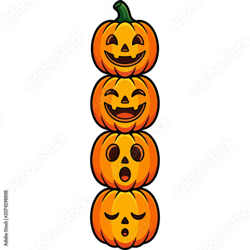 Four carved pumpkins stacked vertically with different faces