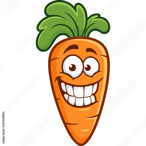 A cheerful cartoon carrot with green leaves and a wide smile