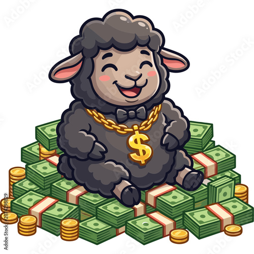 A cartoon sheep wearing a gold chain sits on a pile of money