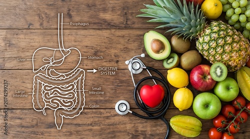 Flat lay of a white gut icon alongside colorful healthy fruits, fresh vegetables, a stethoscope, and a small red heart.