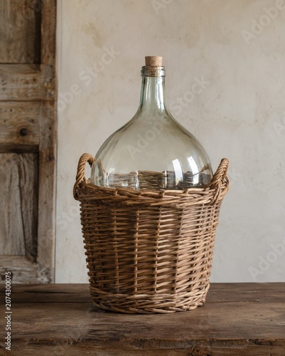 Glass carboy in wicker basket, traditional home beverage vessel.