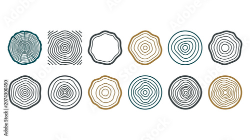 Cuadro en lienzo Set of stylized tree ring icons on a white background