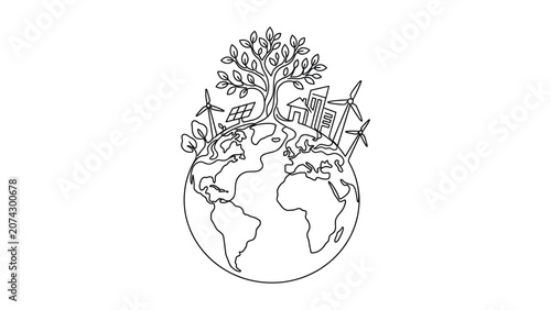 Hand drawn doodle illustration of planet earth with eco friendly energy sources