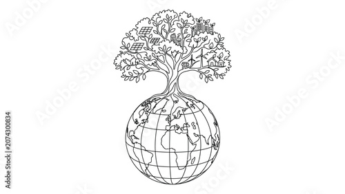 A detailed line art illustration of a tree growing out of the globe