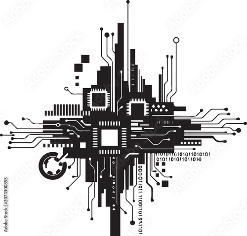 Black and white vector circuit board design with microchip and wires isolated on transparent background