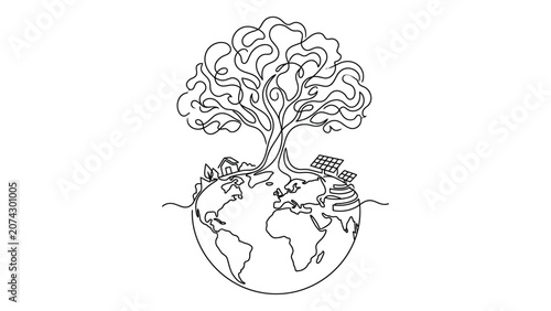 Continuous line art illustration of a tree growing from planet Earth