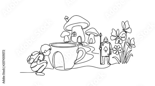 Whimsical one-line drawing: boy, giant teacup house, mushroom homes, playing card guard, butterflies