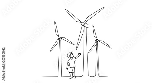 Child reaching for wind turbines, simple line art illustration, clean energy concept