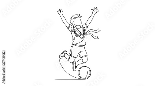 Tableau sur toile Happy Child Jumps for Joy with Soccer Ball and Medal, One Line Drawing