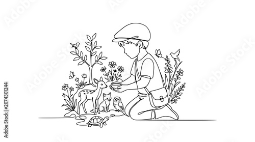 Obraz na plátně Boy feeding animals in nature, single line drawing, gentle care, childhood innoc