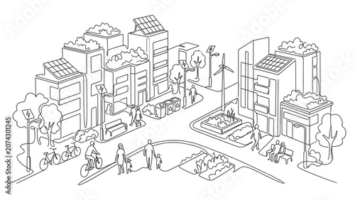 Line art illustration of a sustainable eco friendly neighborhood