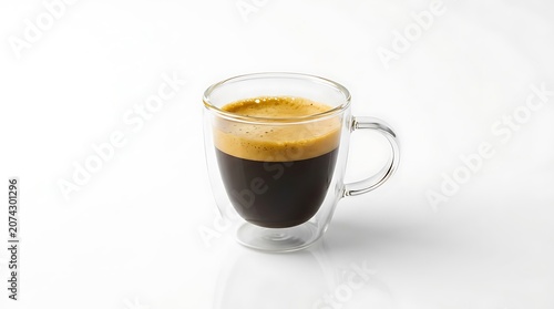 A clear glass mug of espresso coffee with crema on a white background