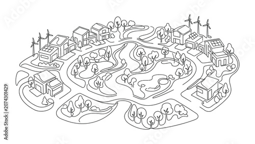 Hand drawn isometric eco friendly village sketch with green spaces and renewable energy