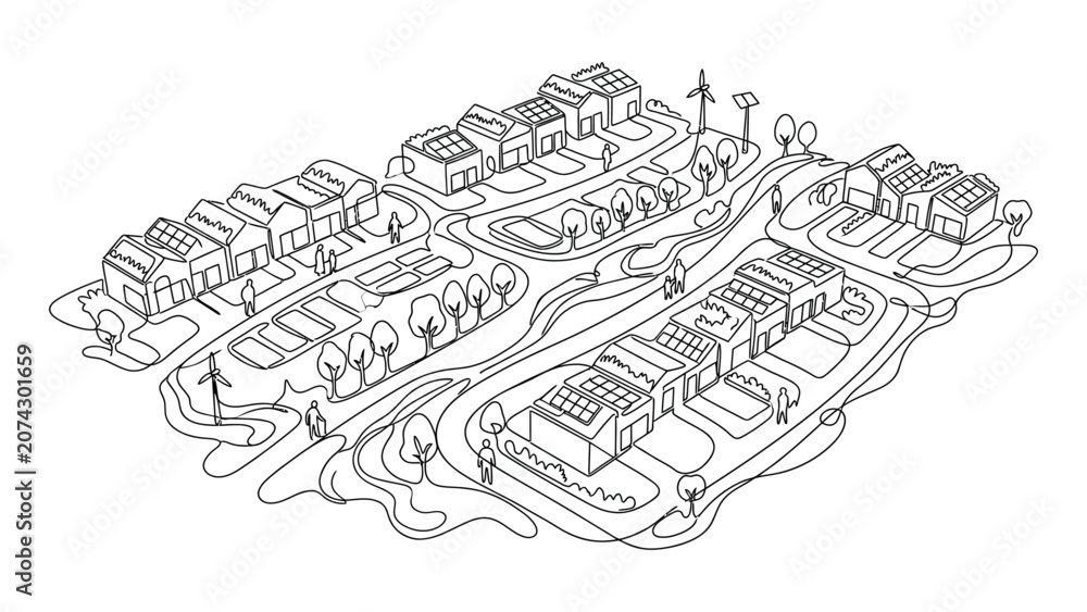 Naklejka premium Isometric sketch of a sustainable eco friendly village with green energy.