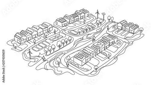 Isometric sketch of a sustainable eco friendly village with green energy.