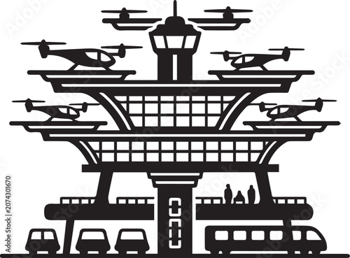 Vector illustration of an airport control tower with multiple helicopters and drones flying around, buses and cars on the ground, isolated on transparent background