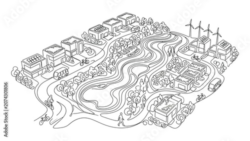 Isometric hand drawn eco friendly city illustration with wind turbines and trees.