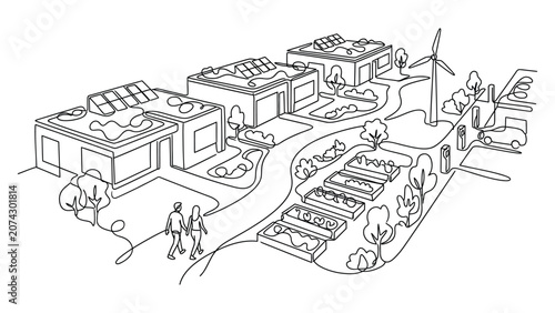 Sustainable Eco Friendly Neighborhood Illustration with Renewable Energy Sources