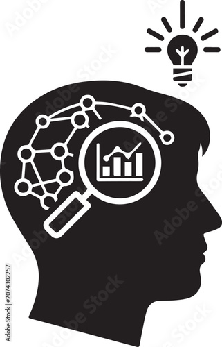 Black silhouette of a human head with a magnifying glass over the brain, showing a bar graph and network connections, with a light bulb above